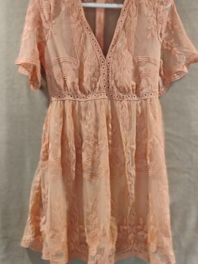 Embroidered V-Neck Midi Dress in Peach